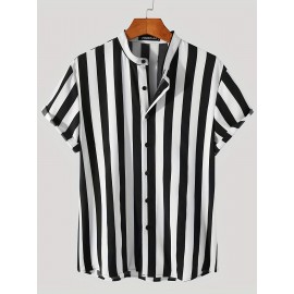 Men's Hawaiian Shirt - Black & White Striped with Orange Collar, Short Sleeve Summer Beach Shirt, Relaxed Fit Casual & Semi-Formal Outfits, Machine Washable Tropical Shirt for Men, Mismatched Pattern with Black and White Stripes, Breathable Fabric for Warm Weather, Stylish and Comfortable for Beach Outings and Casual Attire, Hawaiian Shirt Men Plus Size