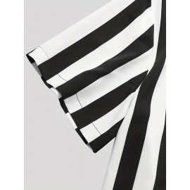 Men's Hawaiian Shirt - Black & White Striped with Orange Collar, Short Sleeve Summer Beach Shirt, Relaxed Fit Casual & Semi-Formal Outfits, Machine Washable Tropical Shirt for Men, Mismatched Pattern with Black and White Stripes, Breathable Fabric for Warm Weather, Stylish and Comfortable for Beach Outings and Casual Attire, Hawaiian Shirt Men Plus Size