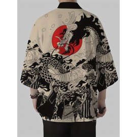 Men's Vintage Dragon Print Kimono Cardigan - Loose Fit, Sun Protection, Polyester, Casual Summer Style, Machine Washable