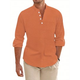 Men's Pink Henley Shirt with Stand Collar - Versatile Long Sleeve Half-Button Tee for Casual & Formal Wear, Smooth Polyester Fabric, Machine Washable, Spring/Fall Essential, Spring Attire | Classic Henley Shirt | Solid Color Shirt