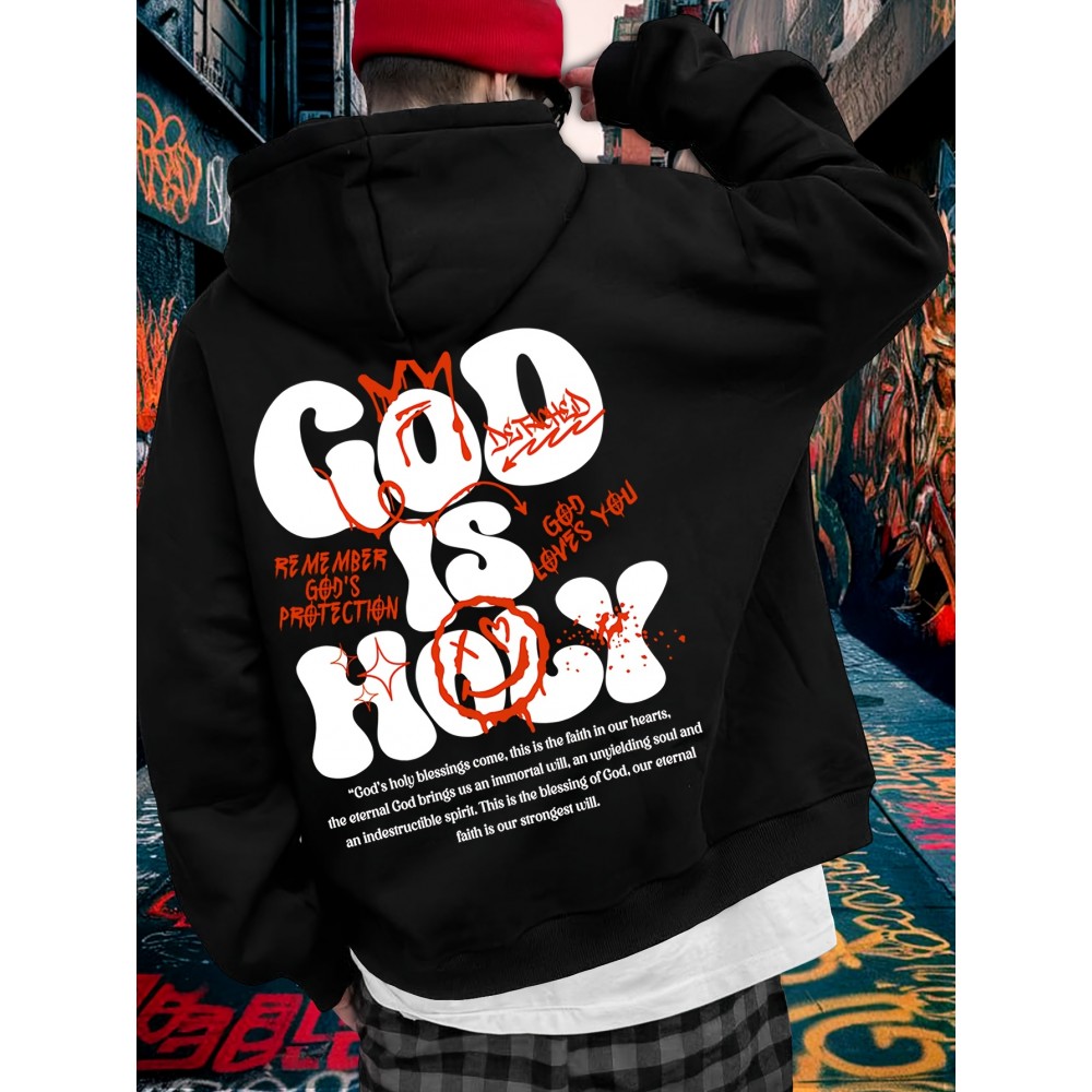 [Graffiti Print Hoodie] Warm Casual Graffiti Print Hoodie - Men's 'GOD IS HOLY' Pullover with Drawstring & Kangaroo Pocket for Fall/Winter