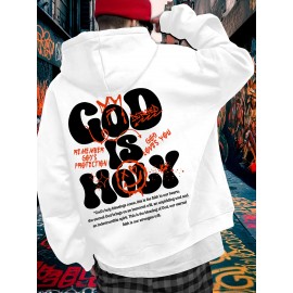 [Graffiti Print Hoodie] Warm Casual Graffiti Print Hoodie - Men's 'GOD IS HOLY' Pullover with Drawstring & Kangaroo Pocket for Fall/Winter