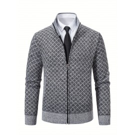 Men's Slim-Fit Thick Winter Knit Jacket with Stand Collar & Plaid Pattern - Warm Coat for Cold Weather, Casual Outerwear for Office or Everyday Use, Layering Piece under Suit Coats (Novelty Category)