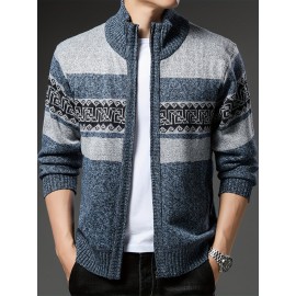 Men'S Winter Warm Jacquard Cardigan Sweater - Full-Zip Stand Collar Long Sleeve Coat with Full-Zip Front Closure, / Contrast, Casual to Formal Outerwear, Regular Fit for Fall & Winter, Versatile Everyday & Formal Wear, Durable Knit Construction