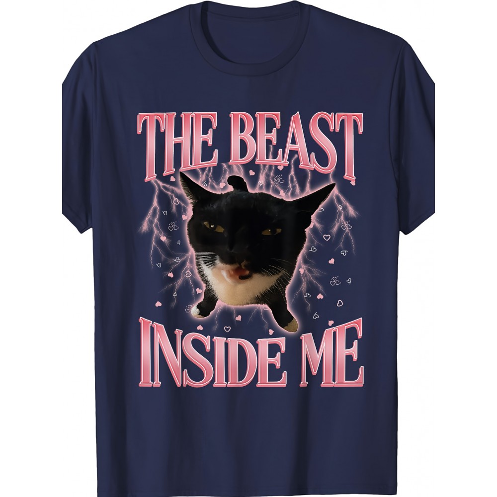 Funny Weird Cat Meme The Beast Inside Me Gen Z Tee | Cute Silly Cats Humor Tee Shirt, Crew Neck, Medium Stretch Fabric, Suitable for All Seasons and Various Occasions