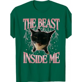 Funny Weird Cat Meme The Beast Inside Me Gen Z Tee | Cute Silly Cats Humor Tee Shirt, Crew Neck, Medium Stretch Fabric, Suitable for All Seasons and Various Occasions