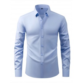 Men'S Polyester Casual Dress Shirt - Solid Color, Button-Up, Lapel Collar, Moderate Stretch, Comfortable Design for All Seasons, 120g/㎡, Casual Wear|Modern Casual Shirt|Sleek Appearance