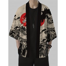 Men's Vintage Dragon Print Kimono Cardigan - Loose Fit, Sun Protection, Polyester, Casual Summer Style, Machine Washable